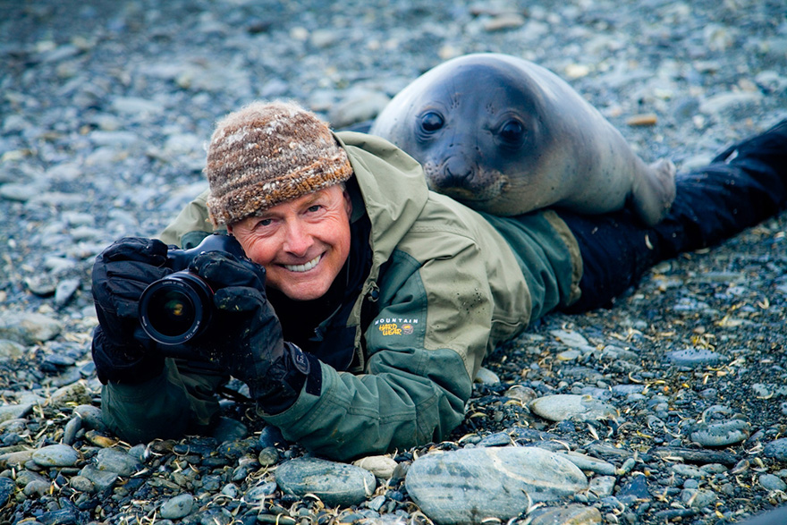 Art Wolfe and a Southern elephant seal weaner, South Georgia Island